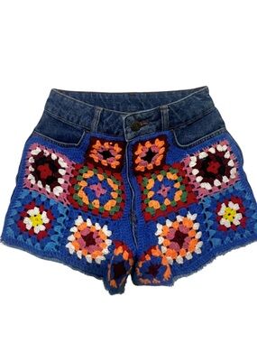 FARM Rio Blue Denim Shorts with Multicolor Crochet Patchwork